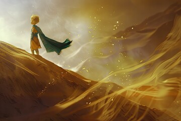 The Little Prince standing on a sand dune in a vast desert, with a golden sunset casting long shadows