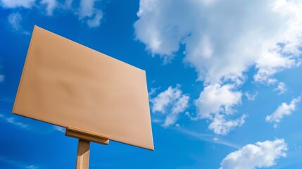 Blank Wooden Sign Against Blue Sky With White Clouds