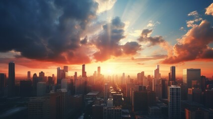 Fototapeta premium bustling city skyline, with towering skyscrapers piercing the clouds and a vibrant sunset illuminating the urban landscape.