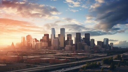 Fototapeta premium bustling city skyline, with towering skyscrapers piercing the clouds and a vibrant sunset illuminating the urban landscape.