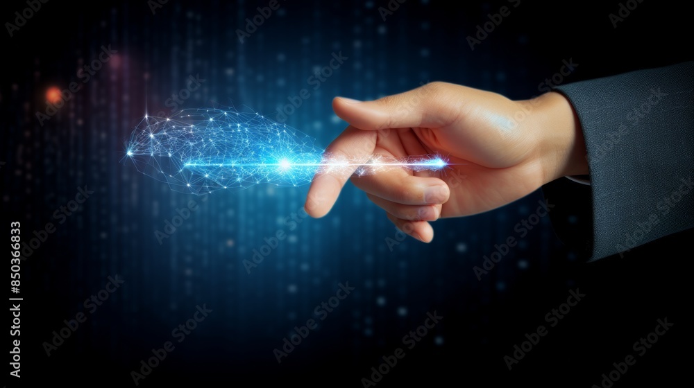 Aufkleber close-up on a person's hand using a magic wand to conjure a holographic projection of a futuristic s