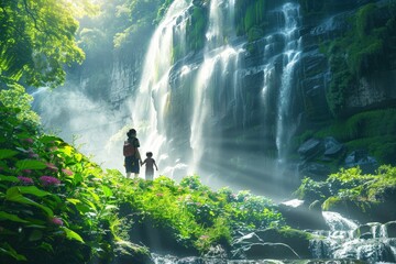 Obraz premium The scene is peaceful and serene, waterfall mountain.