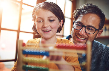 Abacus, man and kid with smile for homeschool, learning and mathematics in living room. Help, dad...