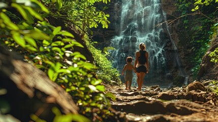 Fototapeta premium Scene is peaceful and serene, as the family enjoys their time together in nature, waterfall mountain.