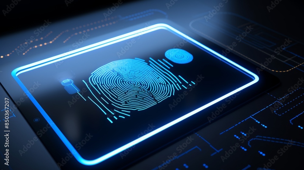 Poster fingerprint scanner on a digital screen, representing the use of biometric authentication for secure