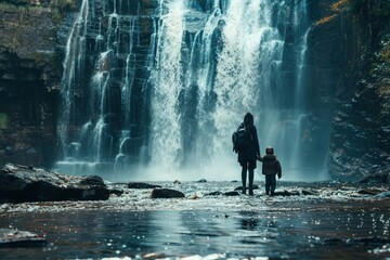 Obraz premium A woman and a child are walking near a waterfall, waterfall mountain.