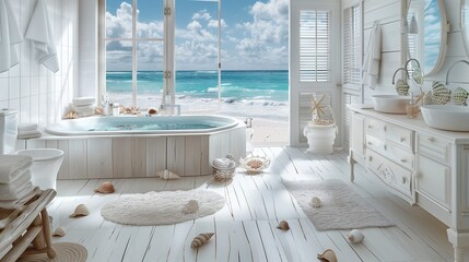 A luxurious washroom with a beach house theme, featuring whitewashed wood floors, a large soaking tub with a view of the ocean, a double vanity with seashell accents, and soft, airy decor.