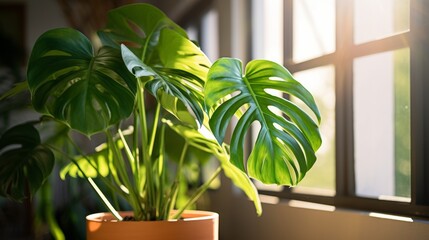 Obraz premium Monstera deliciosa houseplant with its iconic fenestrations, bathed in warm sunlight filtering through a window.
