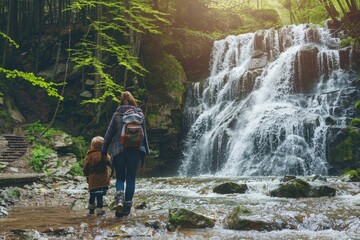 A woman and a child are walking along a river, waterfall mountain.