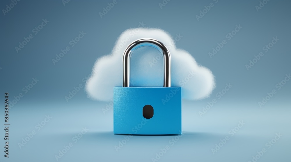 Poster a padlock secured around a cloud storage icon, illustrating the protection of data stored in the cloud.