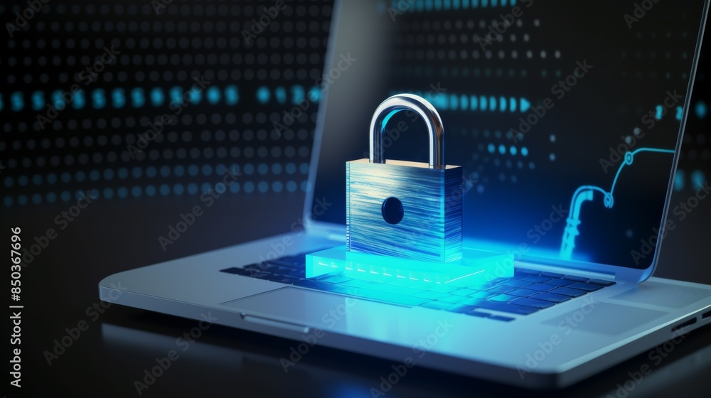 Poster a padlock secured around a computer monitor, illustrating the concept of data protection.