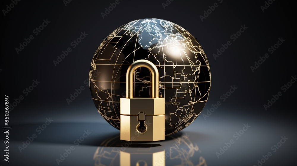 Poster padlock secured around a padlock-shaped globe with interconnected lines, representing the interconnectedness of global cybersecurity threats.