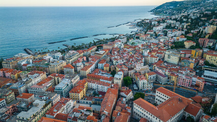 Aerial of Sanremo Italy Liguria Italian coastline town famous for its own music festival 