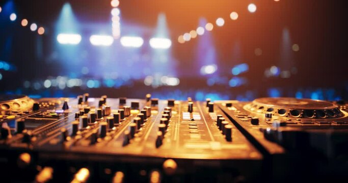 Establishing Footage with Professional DJ Equipment on a Club Stage. Mixing Decks, Controllers and Other Gear Standing on a Table, Ready to Be Used by a Popular Music Artist in Front of Audience