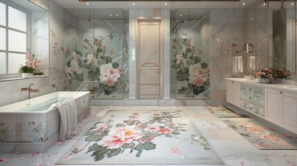 A luxurious washroom with floral-themed ceramic tiles, a large freestanding tub, a double vanity with floral-etched glass doors, and floral-patterned rugs; the space is brightened by natural light.
