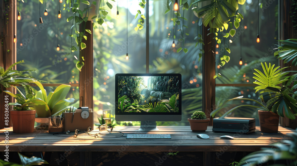 Poster Wooden desk looking out the window with a view of the tropical, rainforest. On the table there are 2 computers. Generative AI.