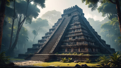 Evocative artwork of forgotten Aztec temples in the deep Mexican jungle, resonating with tales of conquest and myth, Generative AI