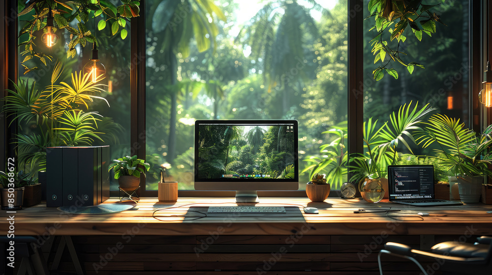 Poster Wooden desk looking out the window with a view of the tropical, rainforest. On the table there are 2 computers. Generative AI.