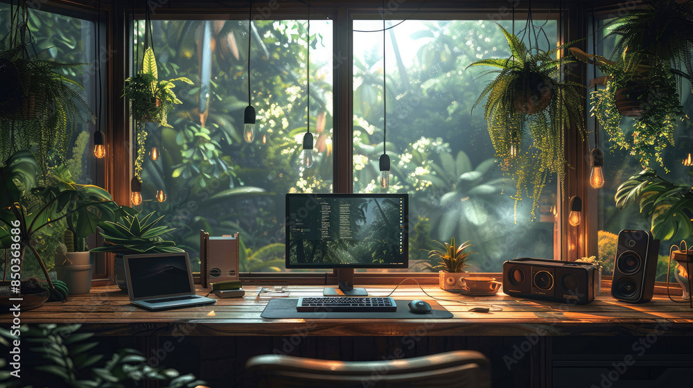Poster Wooden desk looking out the window with a view of the tropical, rainforest. On the table there are 2 computers. Generative AI.
