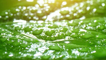 A close-up reveals a lush leaf adorned with glistening droplets. Each water bead reflects light,...