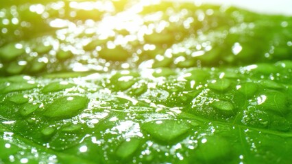 Behold the captivating beauty of a lush green leaf, adorned with shimmering droplets that magnify its delicate veins, creating an enchanting spectacle of light and texture. Green leaf background.
