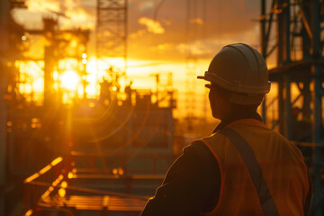 Engineer technician in white helmet observing team of workers at height backwards at sunset
