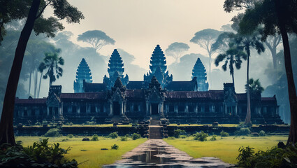 Fototapeta premium Mystical painting of Angkor Wat emerging from misty Cambodian jungles, embodying Khmer legacy and spiritual reverence, Generative AI