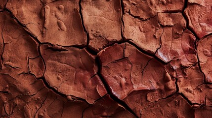 Fototapeta premium Extreme close-up of a cracked terra cotta surface, rough texture, deep red, diffused light. 