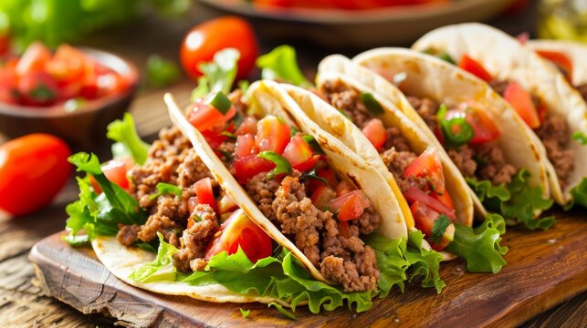 Fresh homemade tacos with ground beef and vegetables
