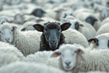 a black sheep in a flock of white sheep facing the camera
