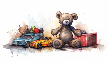a black distressed rectangle with toys as the edges, with a white background, painted watercolor illustration style