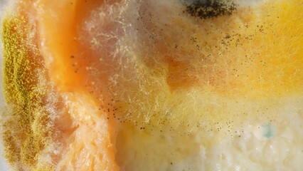 On the bread, a grotesque tableau unfolds, a riot of mold in shades of green, yellow, and black, a...
