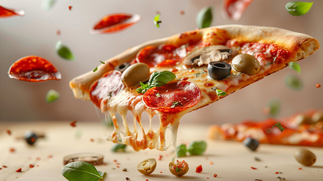 Dynamic image of pizza slices with melting cheese and various toppings floating in mid-air.