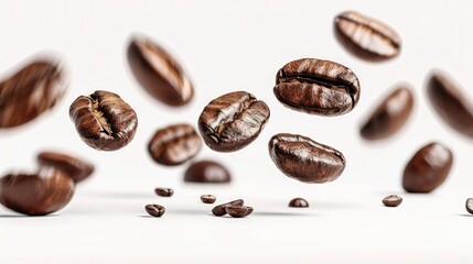 Fototapeta premium Coffee beans floating isolated on white background. Generative AI.