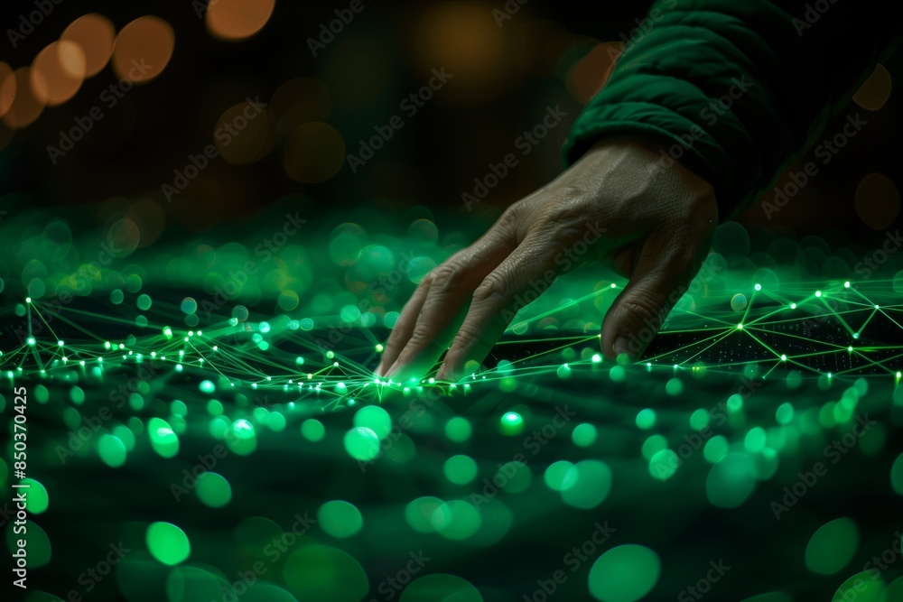 Poster human and robotic hands reaching across glowing data streams in digital connection