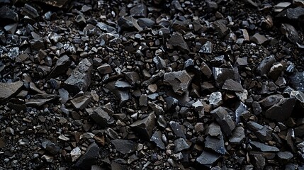 Extreme close-up of crushed gravel, jagged edges, dark gray and black, high contrast. 