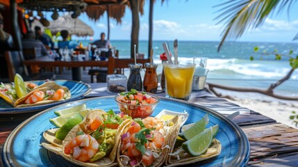 A beachfront restaurant serving seafood tacos with grilled fish, shrimp, avocado, and salsa