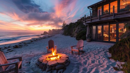 A beachfront retreat with a fire pit on the sand, ideal for evening gatherings and marshmallow roasting