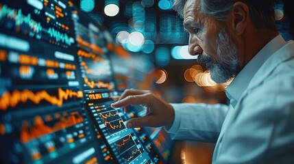 A businessman using a tablet to analyze large data sets in a time-sensitive scenario, such as a stock market or a sports game, background that emphasizes the urgency and excitement. Generative AI.