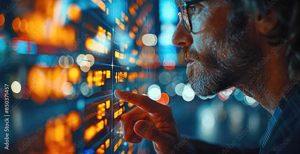 Poster a businessman using a tablet to analyze large data sets in a time-sensitive scenario, such as a stoc