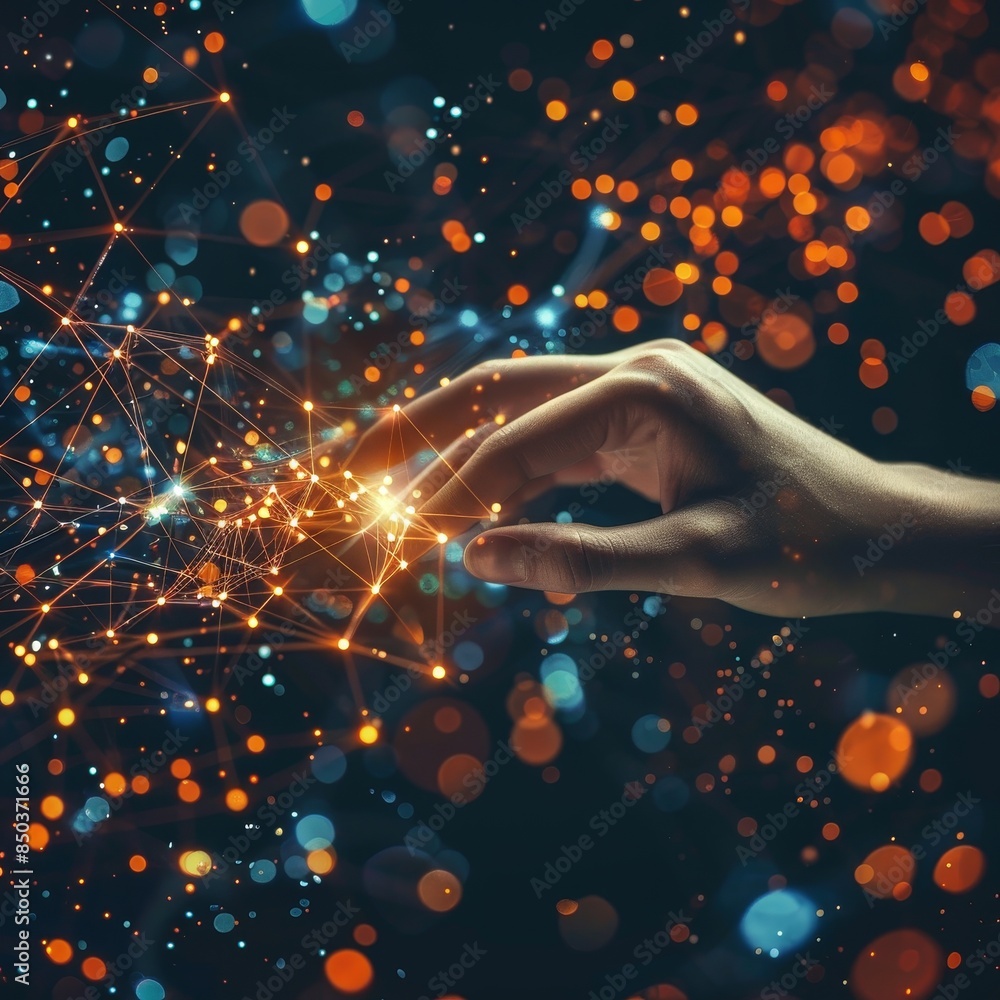 Aufkleber connection across realms human and robotic hands reaching through glowing data network