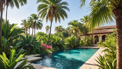 Fototapeta premium Swimming pool on a tropical beach with palm trees