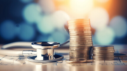 A Financial health , stethoscope weaving with stack of coins money. concept of healthcare expense ,inflation and Recession economic