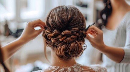 Naklejka premium A bride getting her hair styled by a professional hairstylist on her wedding day, adding bridal accessories