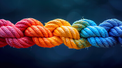 Multiple colours of thick rope symbolize strength unity and teamwork
