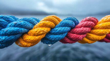 Fototapeta premium Multiple colours of thick rope symbolize strength unity and teamwork 