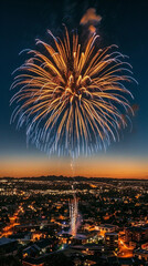 A photograph showcasing a grand fireworks display above an illuminated urban landscape at night.