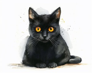 A cute black cat clipart, Halloween element, watercolor illustration, pastel, isolated on white background