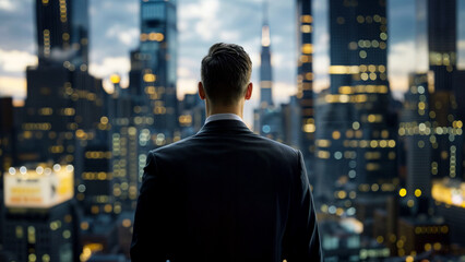 Fototapeta premium Businessman Overlooking City Skyline at Dusk. Dynamic urban atmosphere, ambition, success concept