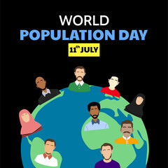 World Population Day 11th July Banner. Illustration of people from different races comes from different places on the earth